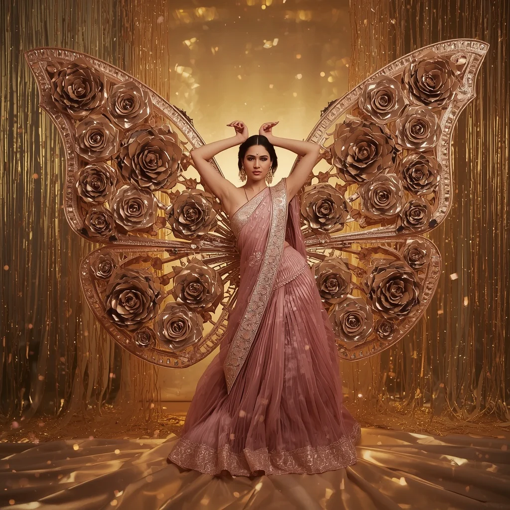 3D Metallic Rose Architectural Butterfly Saree with Golden Silk Aura Background | Instagram Profile Pic Ai Prompt