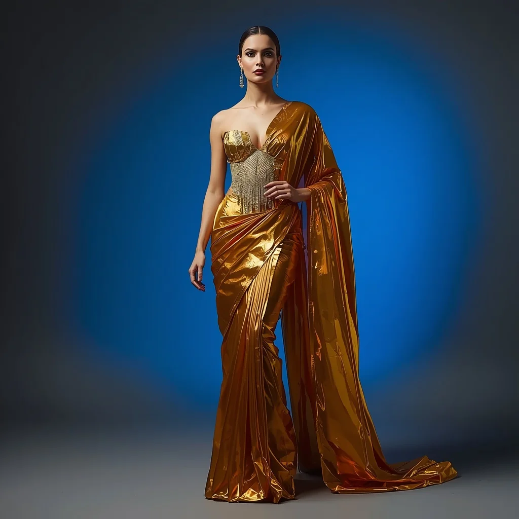 Advance Premium Heavy Liquid Gold And Sculpted Glass Saree Look | Editing Prompt Girl Aesthetic