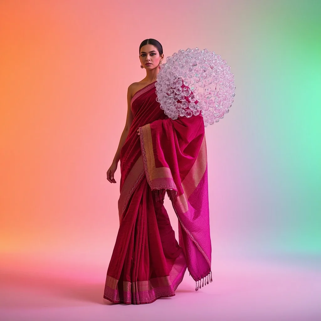 Advanced Fancy Festival Saree: Magenta Velvet with Massive 3D Floating Crystal Orbs | Saree Dp Ai Prompt