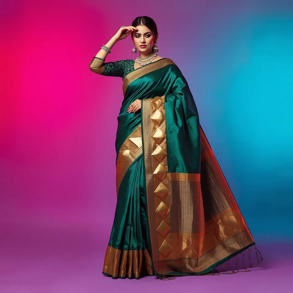 Advanced Festive Fancy Saree: Liquid Emerald Silk with 3D Gold Geometric Armor | Gemini Saree Prompt For Woman