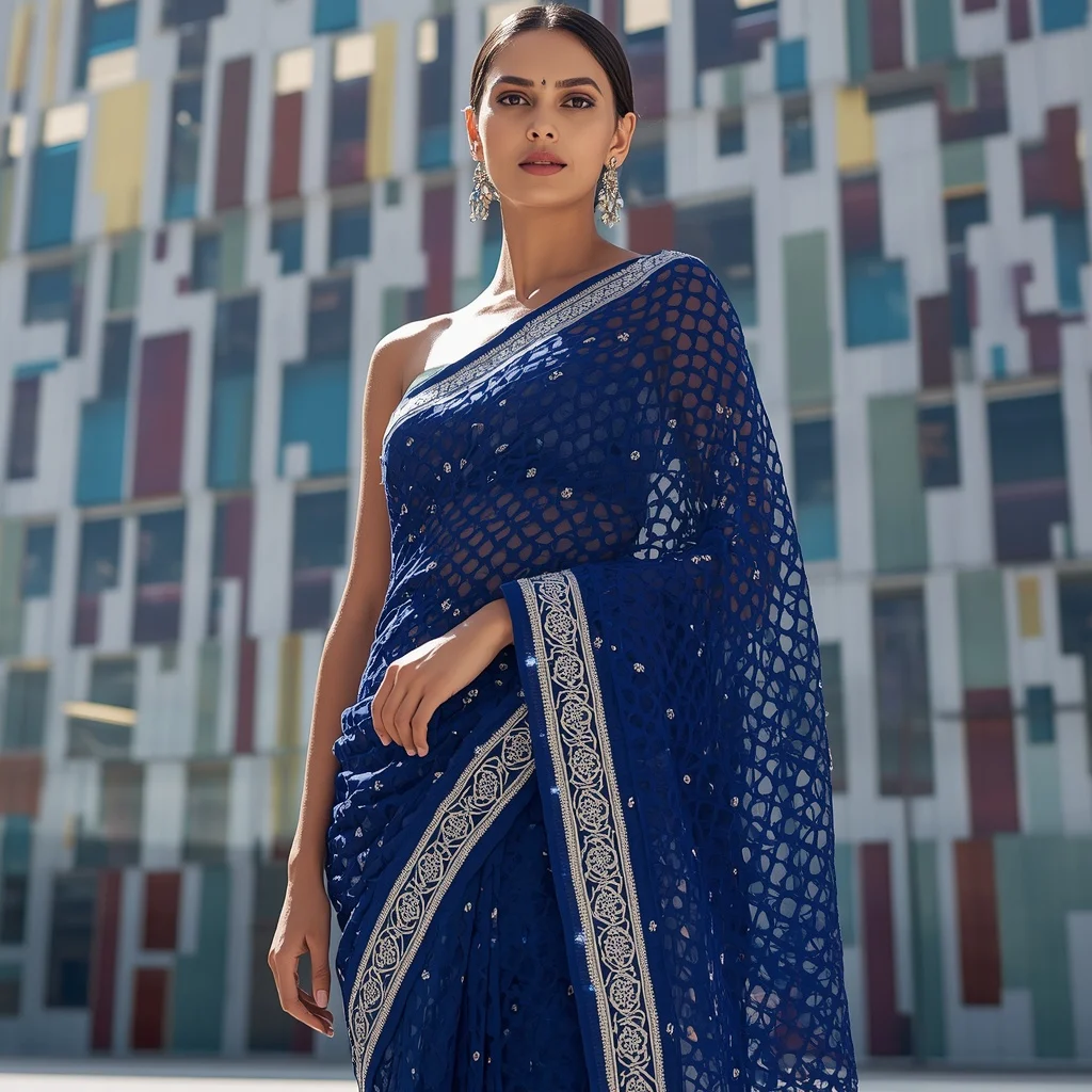 Advanced Laser-Cut Mesh Saree in Cobalt Blue with Metallic Filigree | Fitness Model Ai Prompt