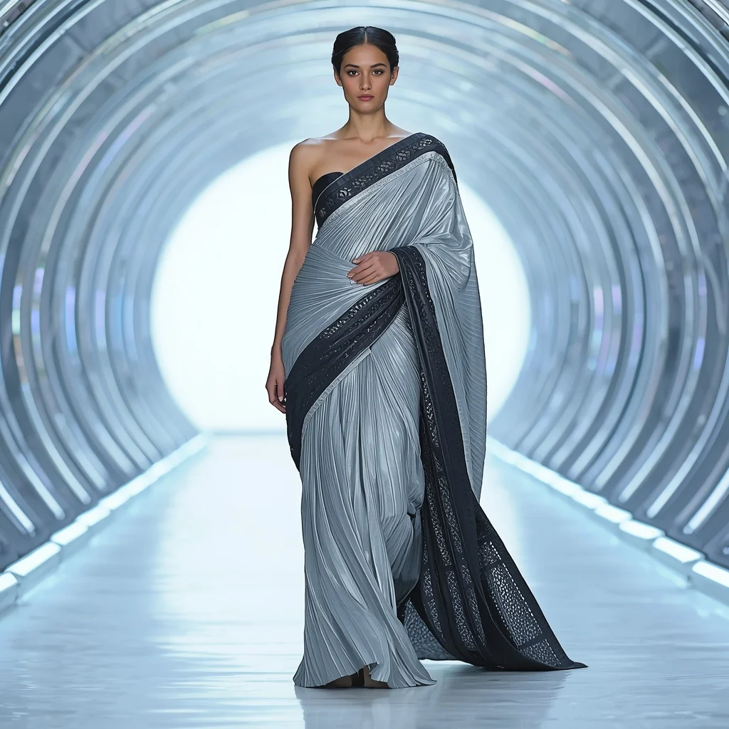 Arctic Silver Plissé and Laser-Cut Leather Saree with Holographic Tunnel | ChatGPT Ai Prompt