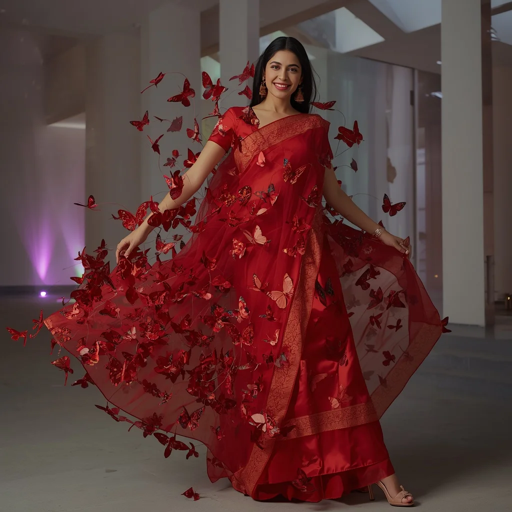 Articulated Butterfly Draping Festive Saree in Crimson | Realistic Ai Prompt