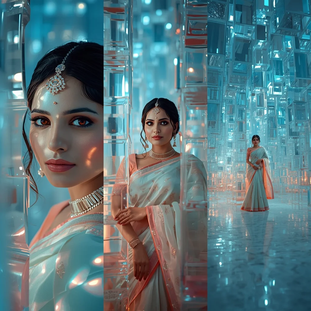 Aurora Borealis Trapped Glass Cubes Saree Premium Collage | Modern Saree Ai Prompt