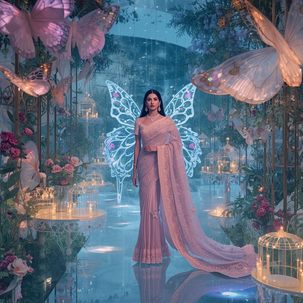 Aurora Crystal Garden Saree with Floating Butterfly Palace | Flux Ai Prompt