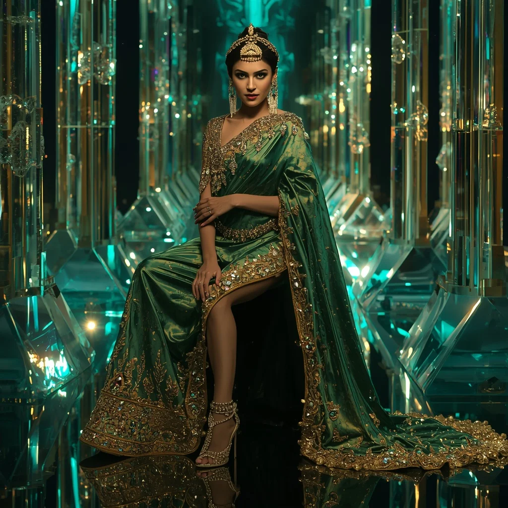 Aurora Emerald Mirage Saree with Floating Prism Crystal Cathedral | Female Model Ai Prompt