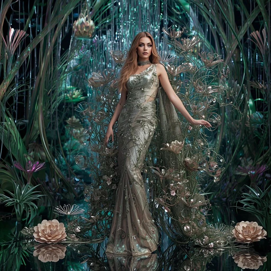 Aurora Metal Vine Dimension Saree with Chrome Forest Reality | Style Ai Prompt