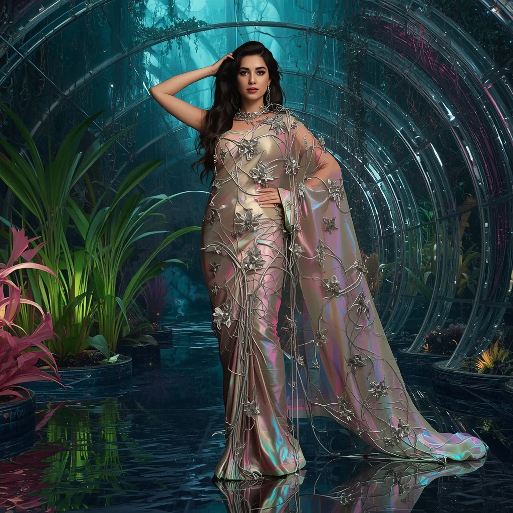 Aurora Metal Vine Silk Chrome Dimension Saree with Living Forest | New Instagram Trend Prompt For Girl And Boy Copy And Paste