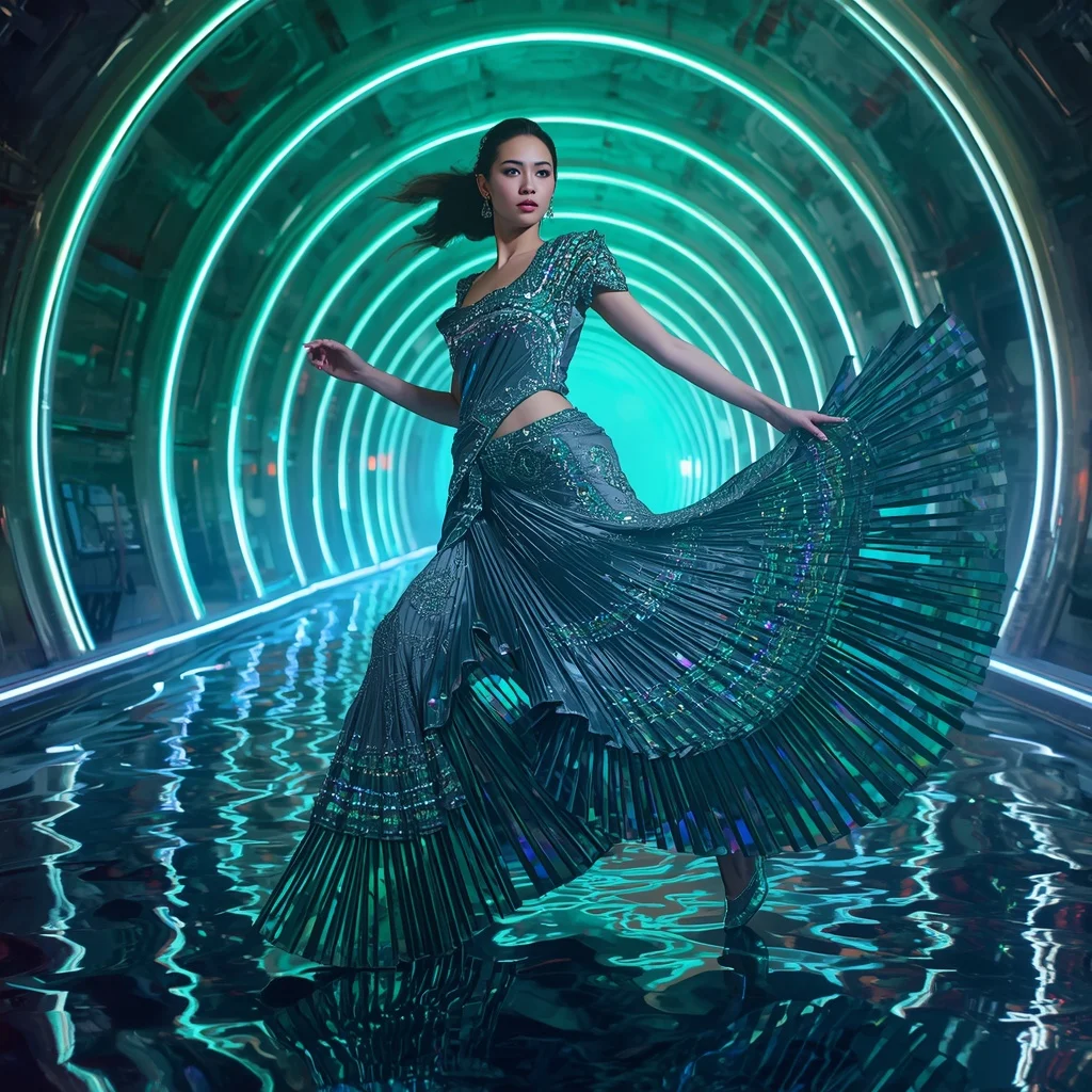 Aurora Phantom Empress Saree with Floating Neon Infinity Palace | Saree Prompt For Gemini Girl Instagram