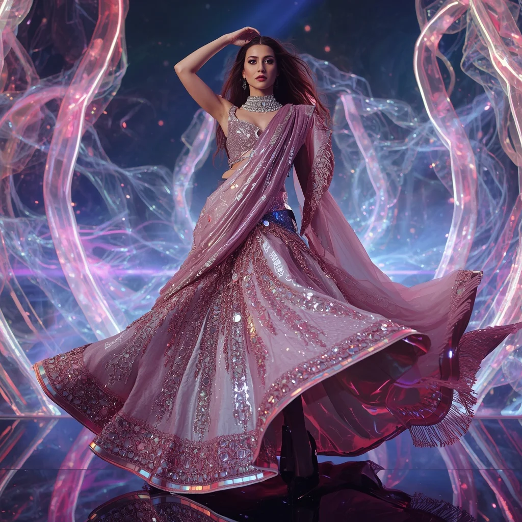 Aurora Thunder Fantasy Saree with Floating Digital Crystal Waves | New Instagram Trend Prompt For Girl And Boy Aesthetic