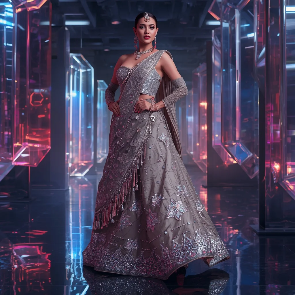 Aurora Thunder Royale Saree with Floating Digital Prism Hall | Grok Ai Prompt