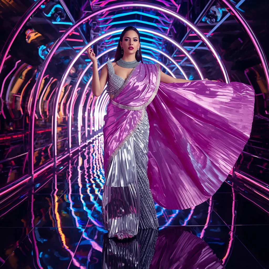 Aurora Titanium Saree with Floating Neon Diamond Arches | Prompt Gemini Ai