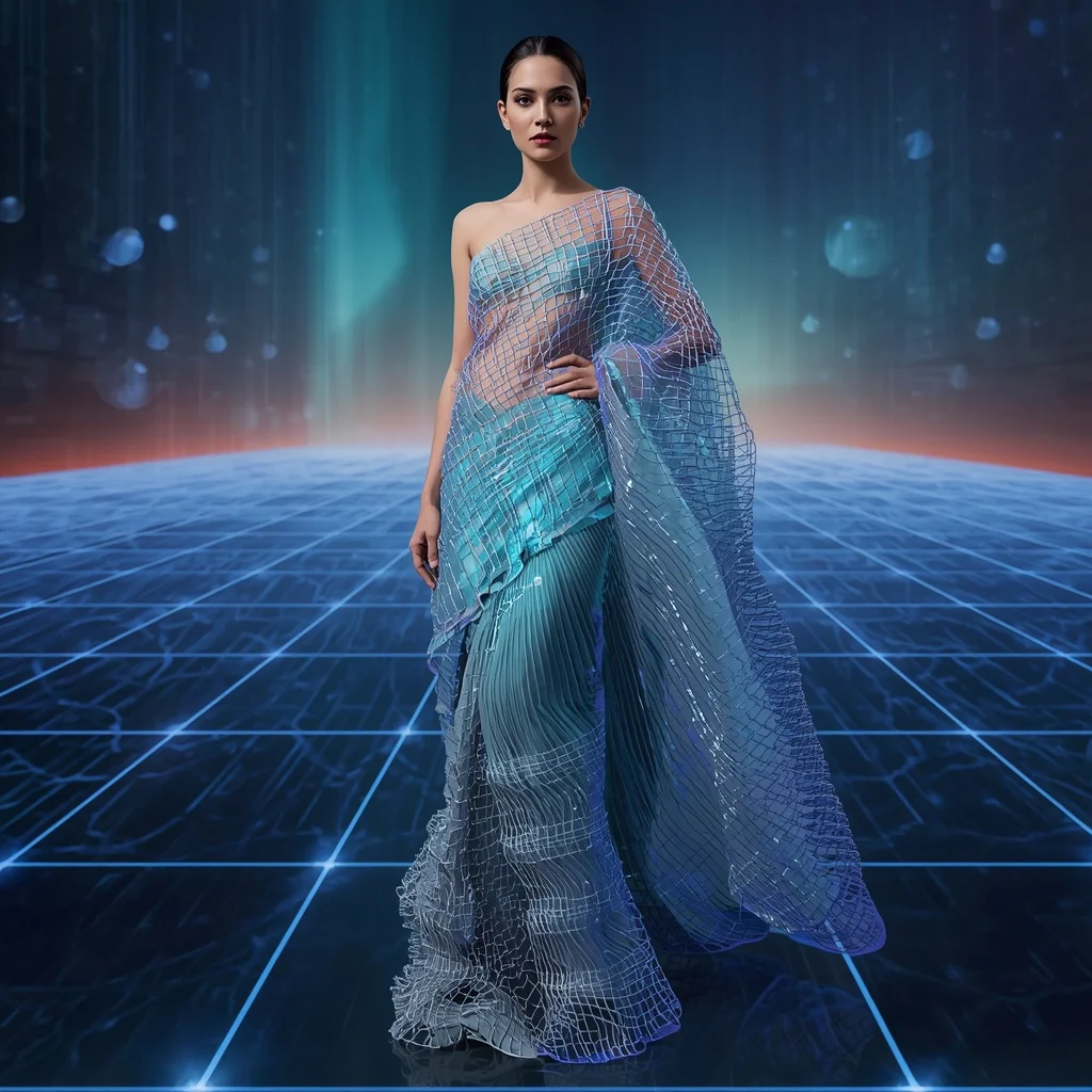 Aurora Wire Mesh Saree with Floating Light Web Horizon | Prompt For Gemini AI Girl Trending