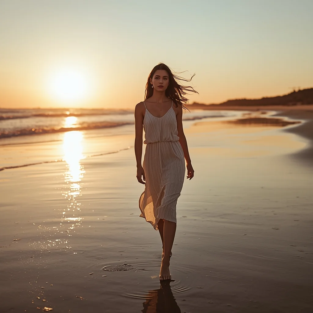 Beach Sunset Girl Walking Pose – Travel Influencer Look | Design Prompts