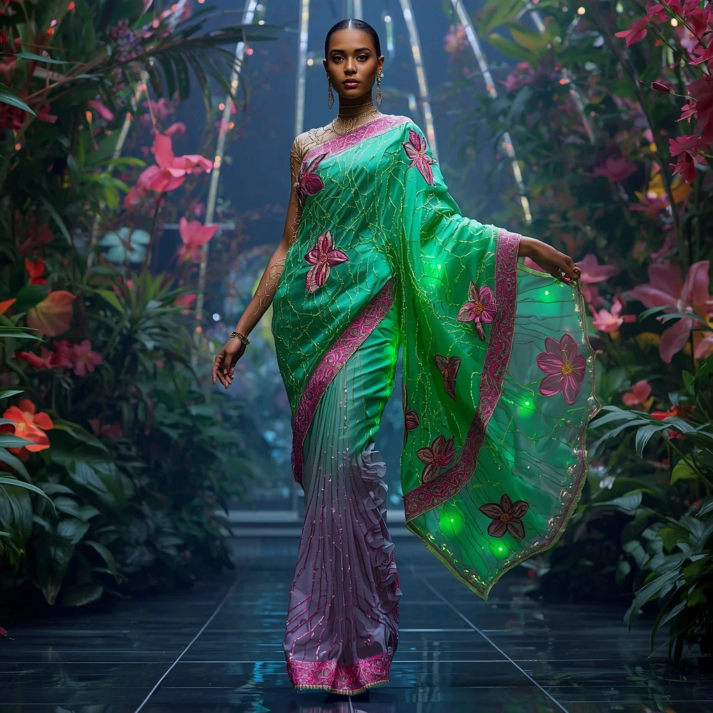 Bio-Luminal Circuit Flower Saree with Living Neon Garden Dome | Girls Trending Prompt Gemini Instagram