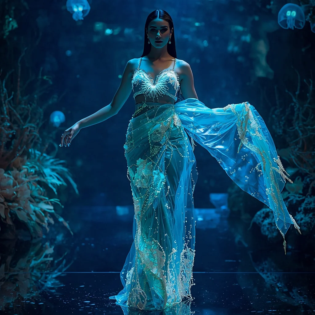 Bio-Luminescent Ocean Saree with Living Sea Light Fabric | Instagram Carousel Ai Prompt