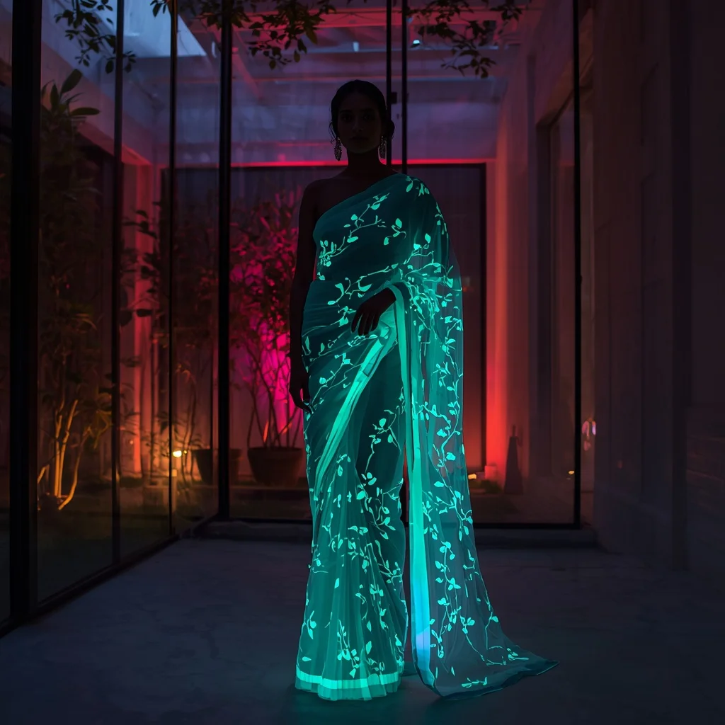 Bio-Luminescent Vine Pattern Saree for Magical Evenings | Ai Prompt For Instagram