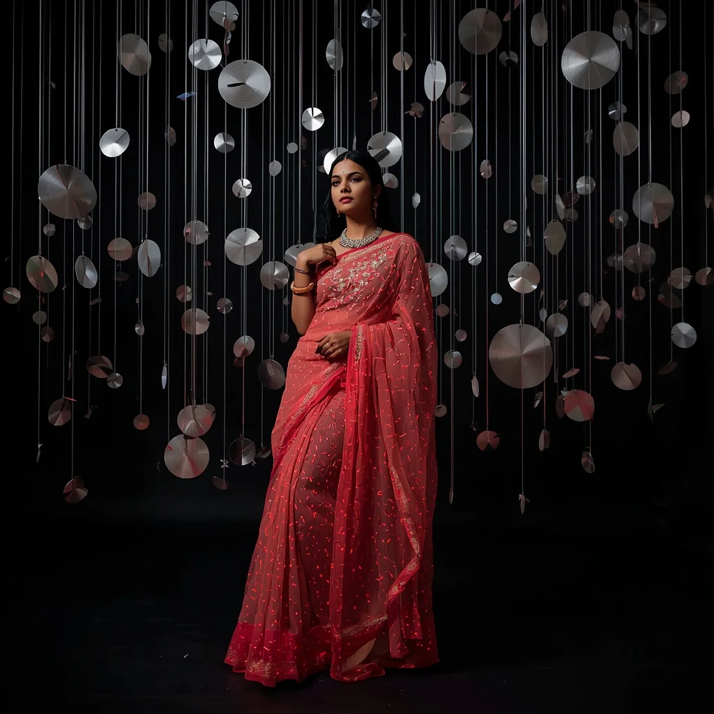 Bioluminescent Coral Net Saree – Geometric Lean with Suspended Silver Discs | Prompt Trending Girl 2026