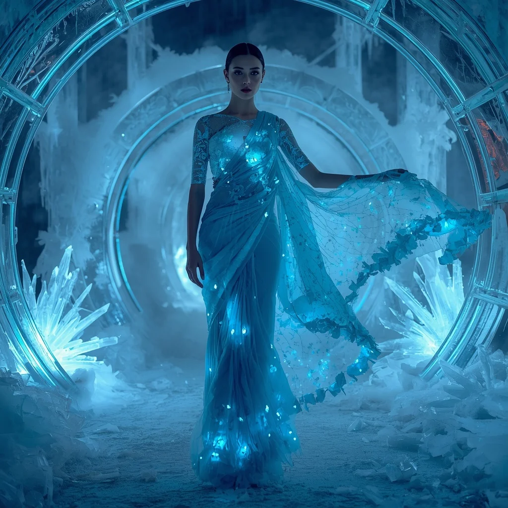 Bioluminescent Ice Garden Saree with Frozen Neon Flora | Copy Paste Ai Prompt