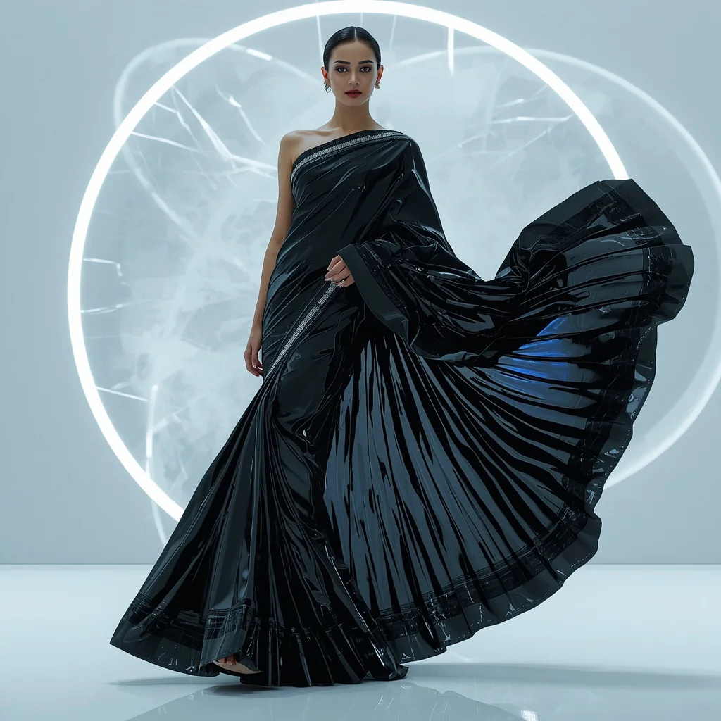 Black Chrome Void Rift Saree – Futuristic Party Saree with Bold Editorial Pose and Void Rift Chamber Background | Cute Ai Prompt
