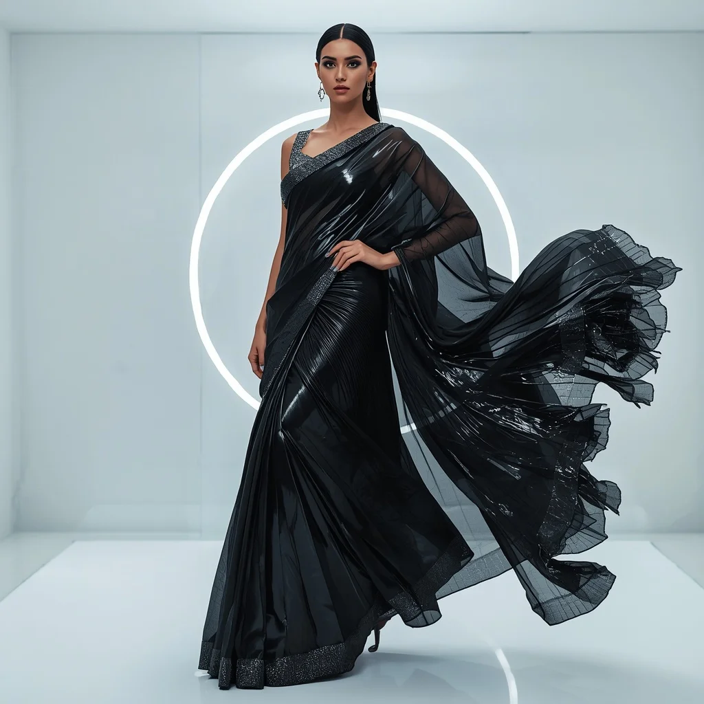 Black Chrome Voidstorm Singularity Saree – Futuristic Party Saree with Bold Editorial Pose and Voidstorm Chamber Background | Luxury Ai Prompt