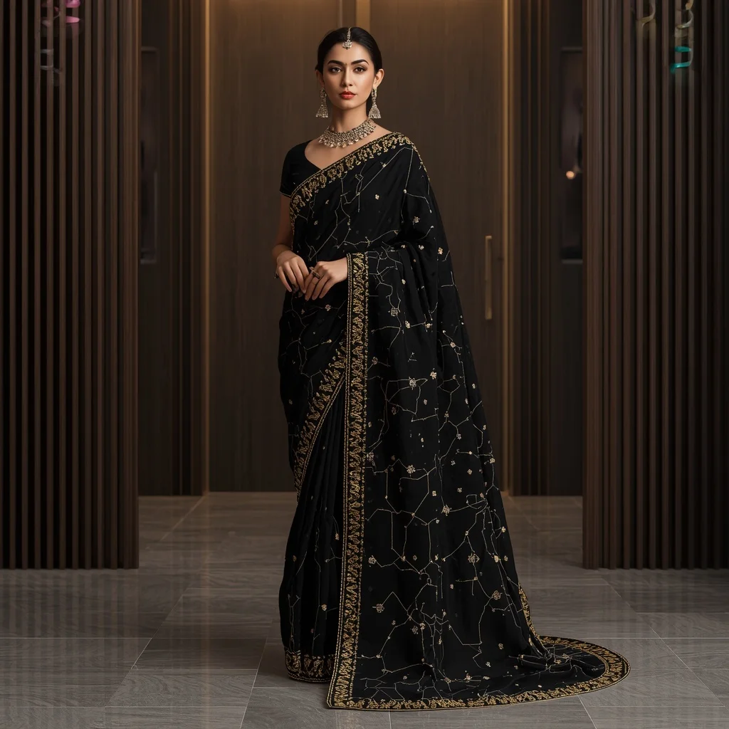 Black & Gold Celestial Constellation Saree with Raw Gems | Face Ai Prompt