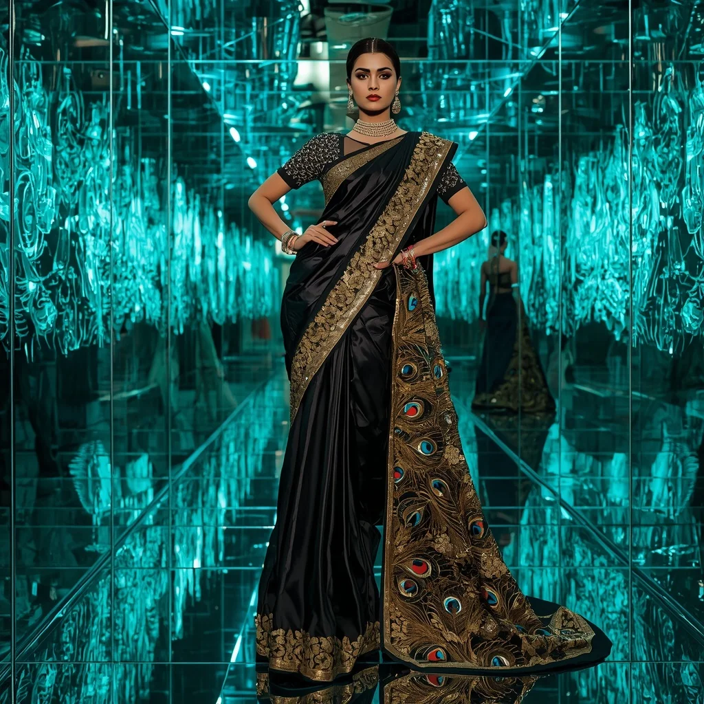 Black Gold Peacock Saree – Futuristic Party Saree with Fashion Walk Pose and Neon Peacock Reflection Chamber Background | Prompt Seen Trending Girl AI Photo