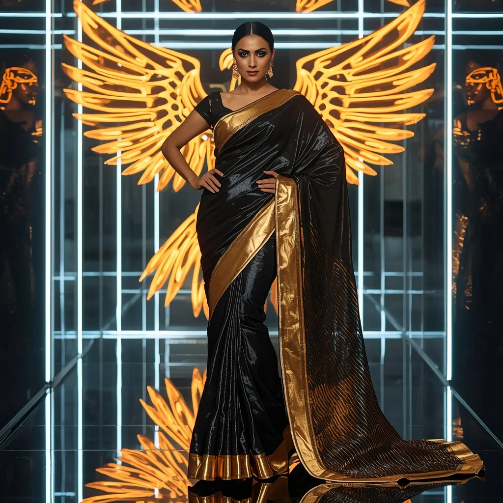 Black Gold Phoenix Saree – Futuristic Party Saree with Fashion Walk Pose and Neon Phoenix Reflection Chamber Background | Instagram Reel Ai Prompt