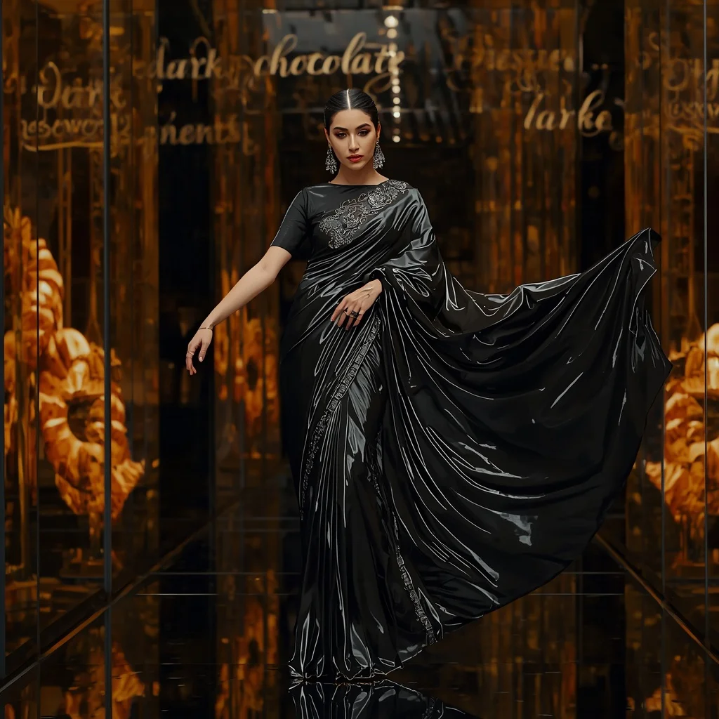 Black Liquid Chocolate Saree with Dark Reflection Tunnel | Traditional Saree Prompt Pdf