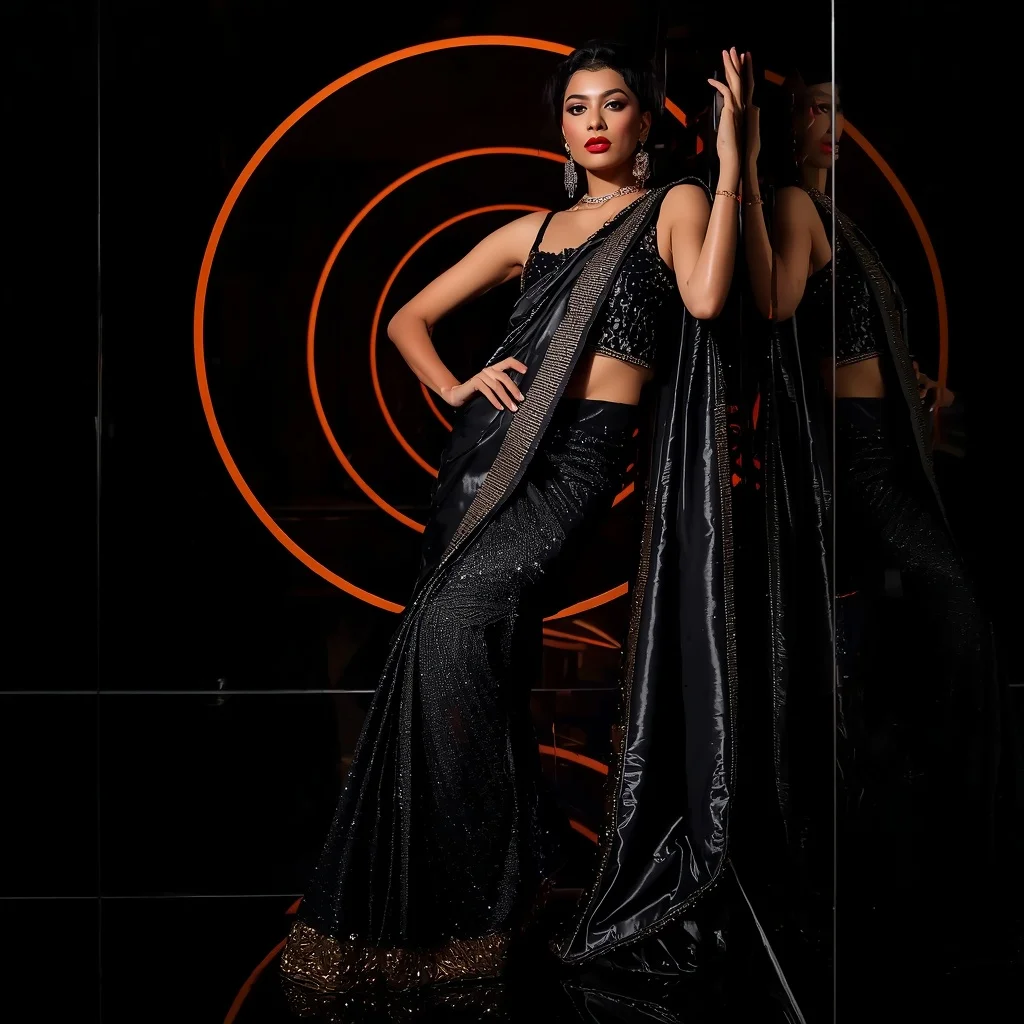 Black Prism Eclipse Saree – Ultra Modern Party Saree with Wall Pose and Eclipse Prism Tunnel Background | Viral Instagram Ai Prompt