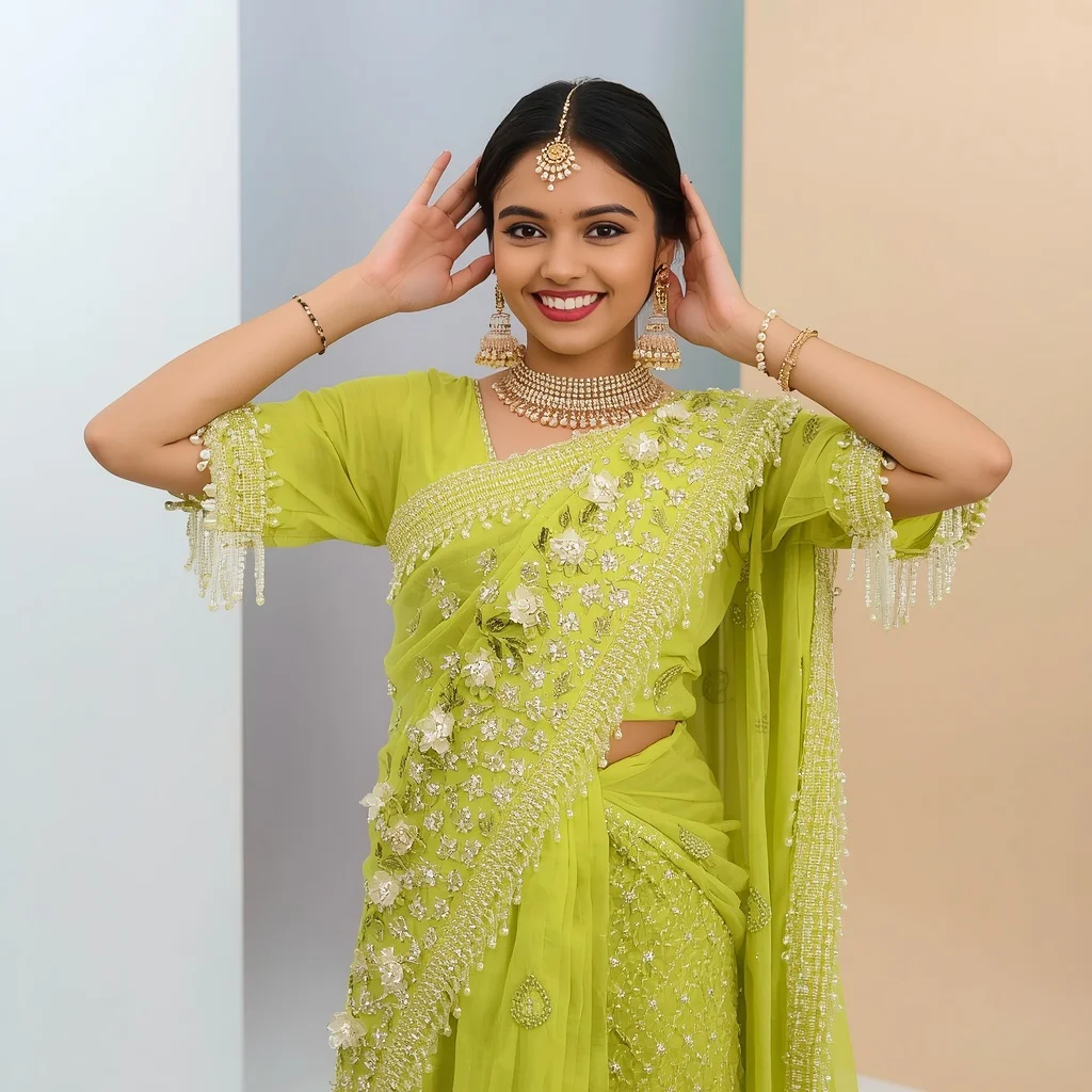 Bright Lime Georgette Saree with Heavy Pearl Work | Flux Ai Prompt