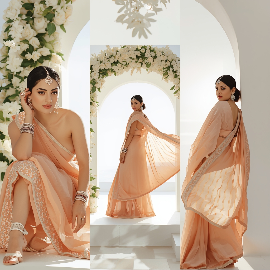 Bright White Floral Archway Premium Saree Portrait Photography Layout | Saree Traditional Ai Prompt Indian Culture