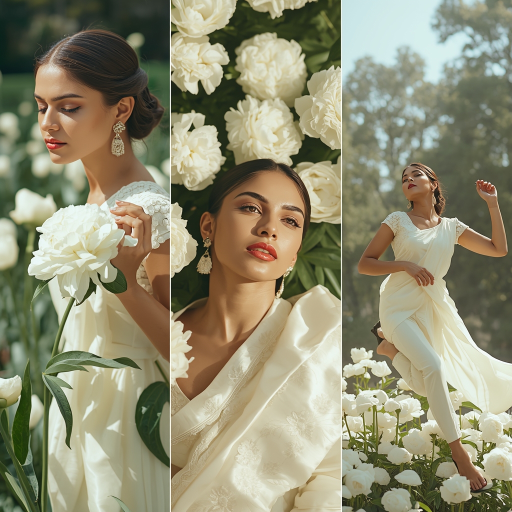 Bright White Peony Garden Spring Fashion Multi Panel Aesthetic | Text To Image Prompt