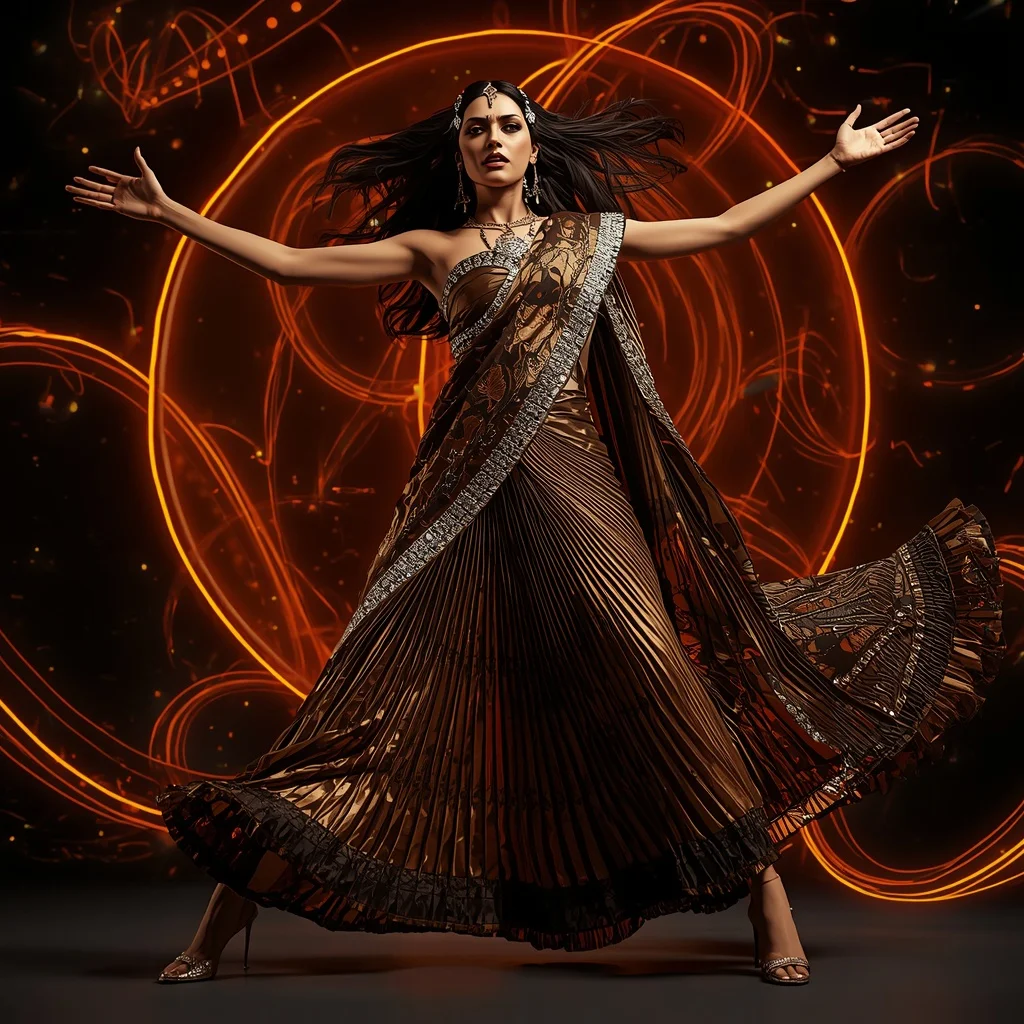 Bronze Eclipse Quantum Saree with Floating Helix Neon Universes | New Instagram Trend Prompt For Girl Love
