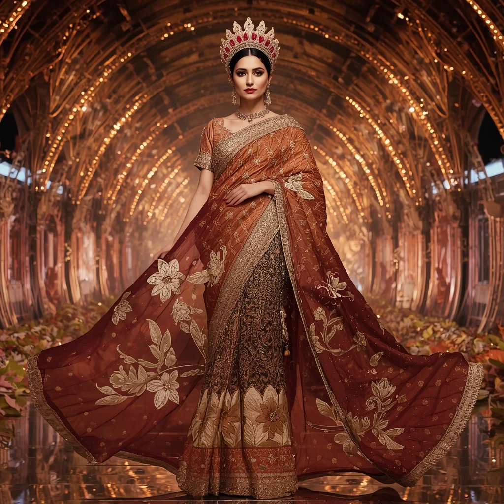 Bronze Lotus Crown Saree with Regal Bloom Crystal Hyperpavilion | Hd Image Prompt