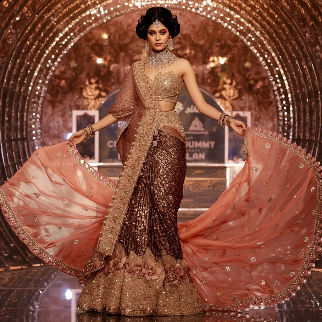 Bronze Lotus Empress Saree with Regal Bloom Crystal Hyperpavilion | Desi Girl Ai Prompt