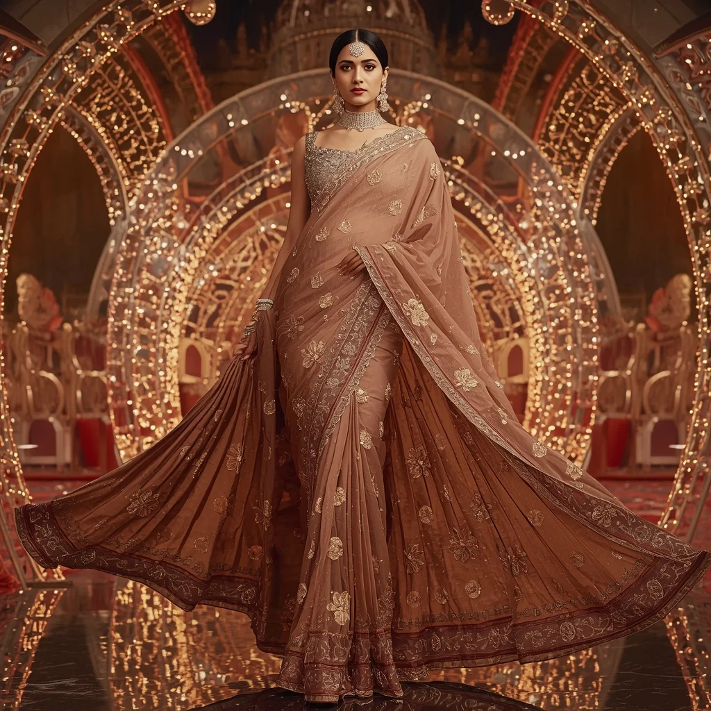 Bronze Lotus Imperial Saree with Regal Bloom Crystal Hyperpavilion | Makeup Ai Prompt