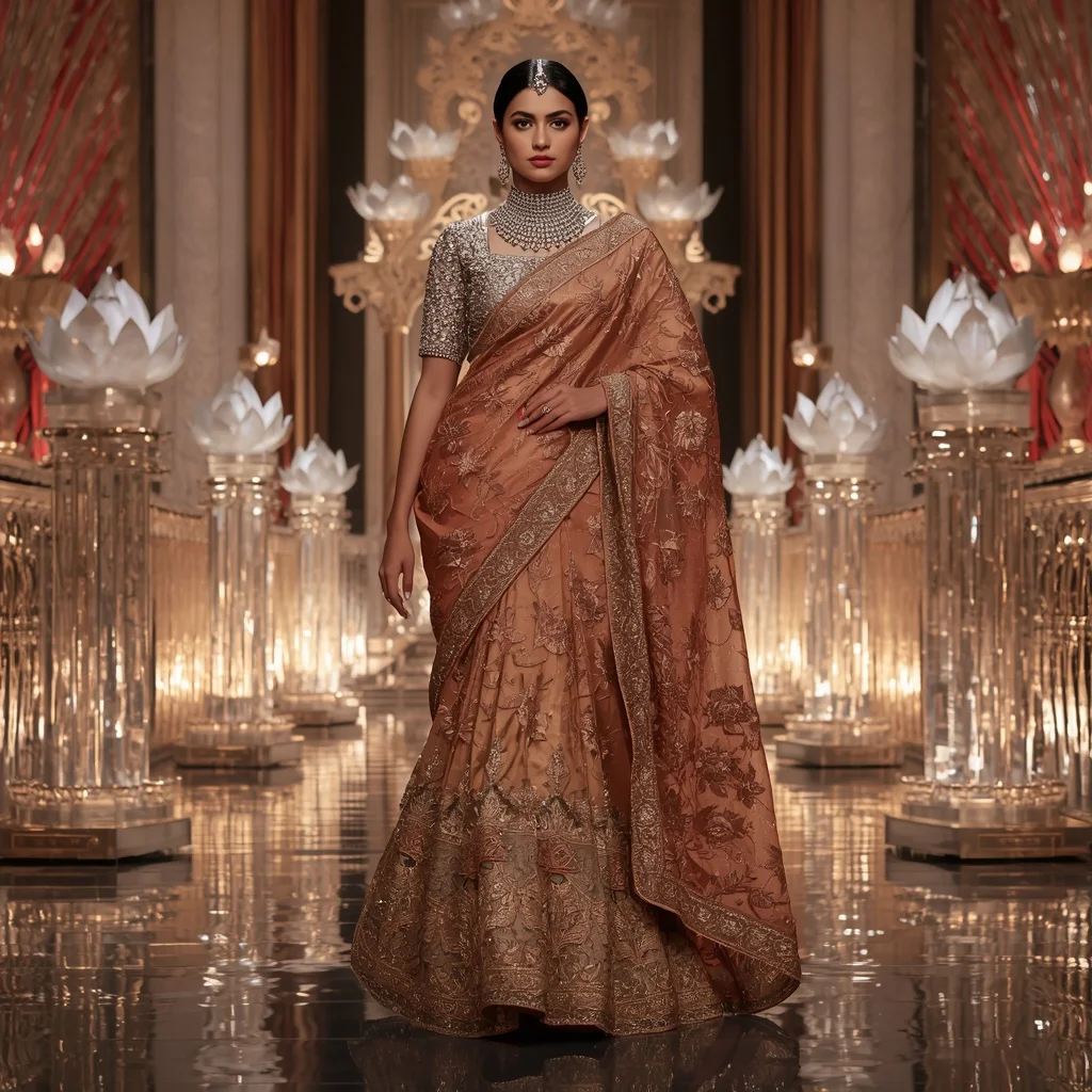 Bronze Lotus Royal Saree with Crystal Bloom Cathedrals and Fountain Empire Palace | New Instagram Trend Prompt For Girl And Boy Copy And Paste