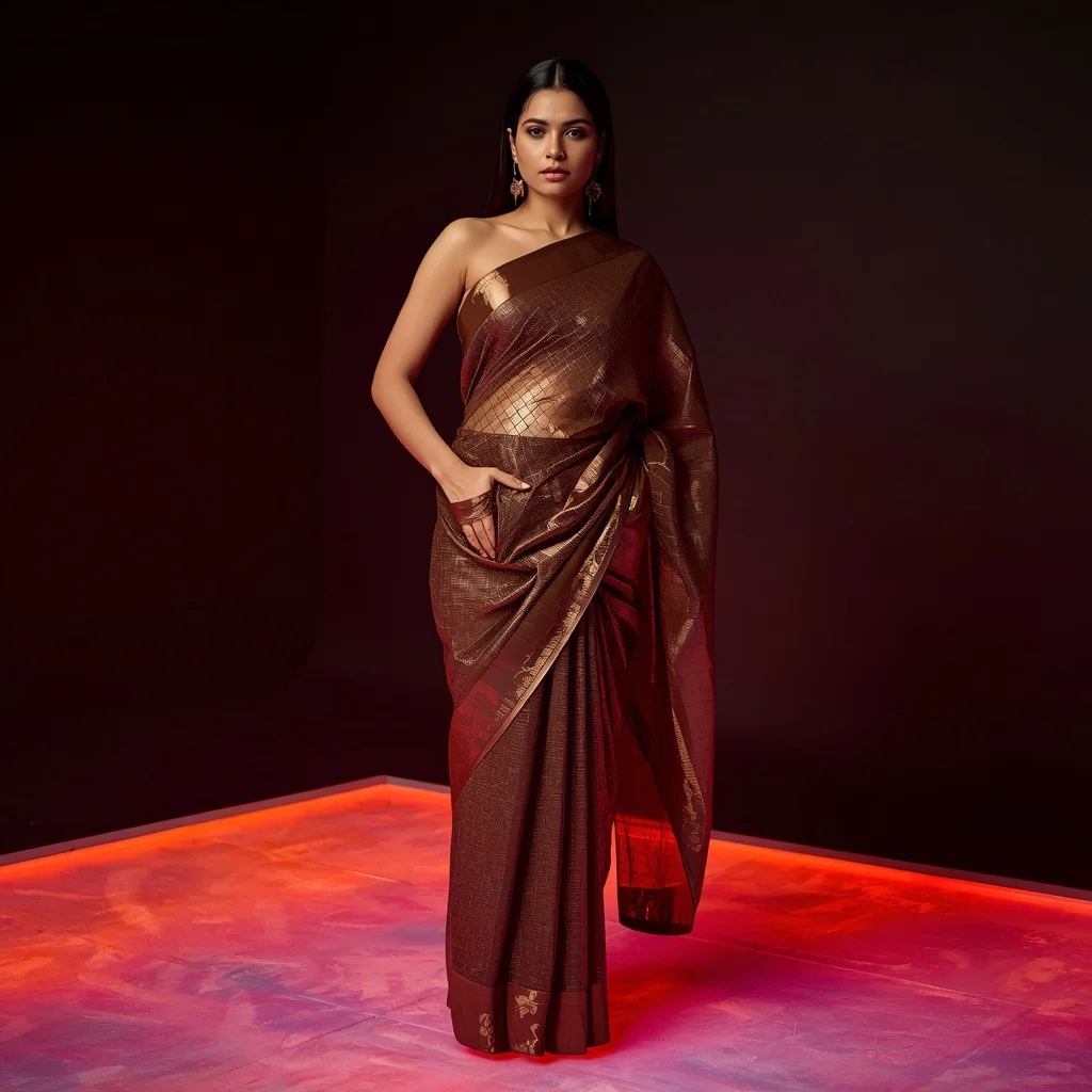 Bronze Metallic Mesh Saree – Hands-in-Pockets Pose with Glowing Neon Floor | Instagram Influencer Ai Prompt