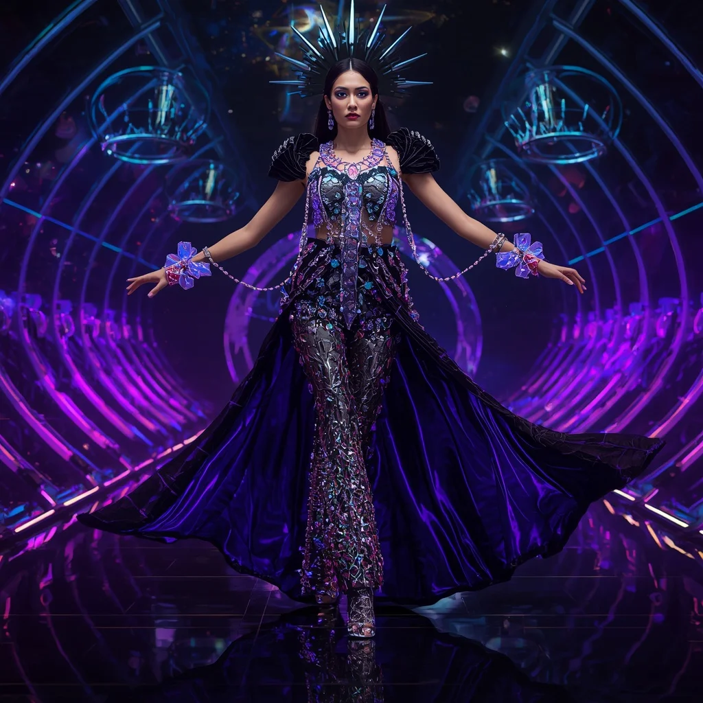 Celestial Abyss Prism Armor Saree with Floating Black Quantum Halo Crown Reactor | Prompt For Traditional Look For Girl
