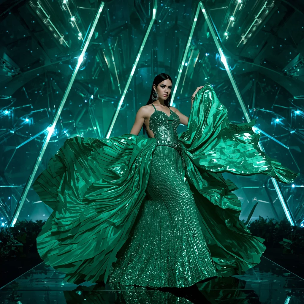 Celestial Emerald Mirage Saree with Floating Neon Infinity Crowns | Ai Prompt For Instagram