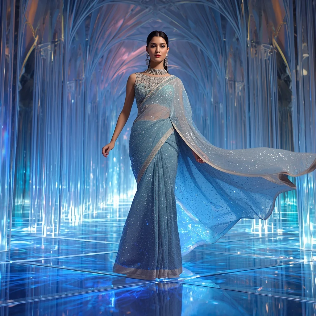 Celestial Frost Empress Saree with Quantum Aurora Cathedral and Prism Tide Floors | Anime Ai Prompt