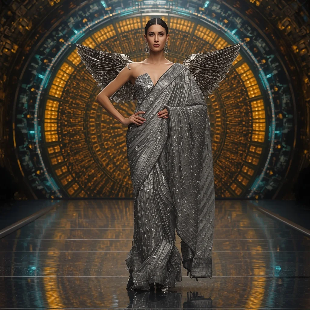 Celestial Hypernova Singularity Apex Armor Runway Saree with Quantum Hyperloop Sphere Engine Core Nexus Collapse Reactor Field System Dome | Free Ai Prompt