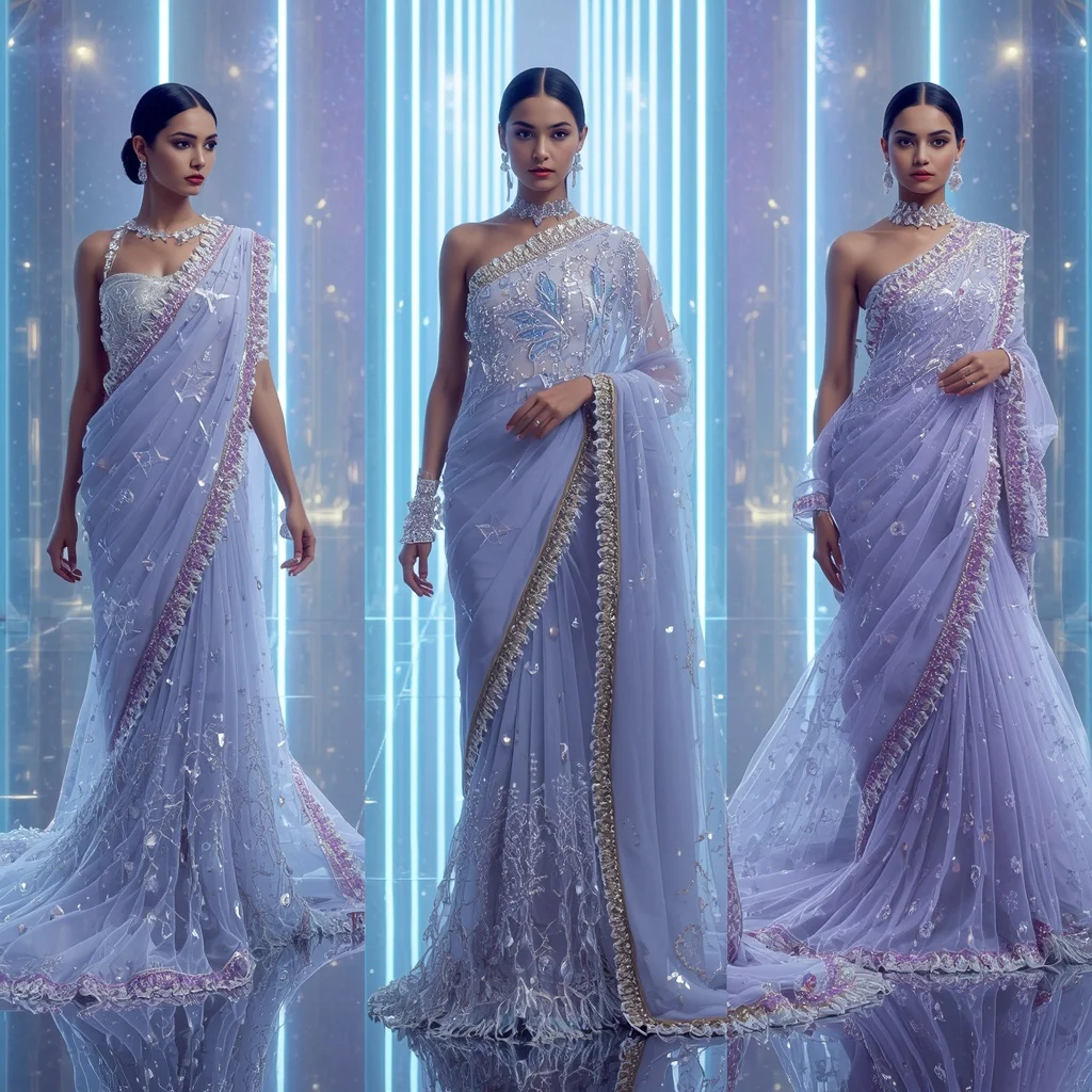 Celestial Ice Prism Saree with Neon Aurora Infinity Citadel | Best Prompt For Traditional Look For Girl Chatgpt
