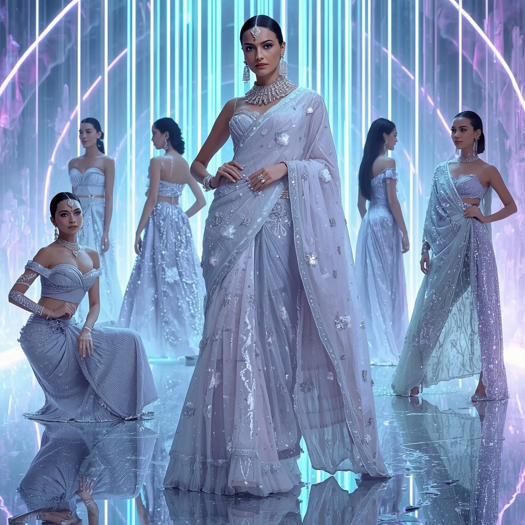 Celestial Ice Prism Saree with Neon Aurora Infinity Crystal Sanctuary | ChatGPT Photo Editing Prompts For Girl