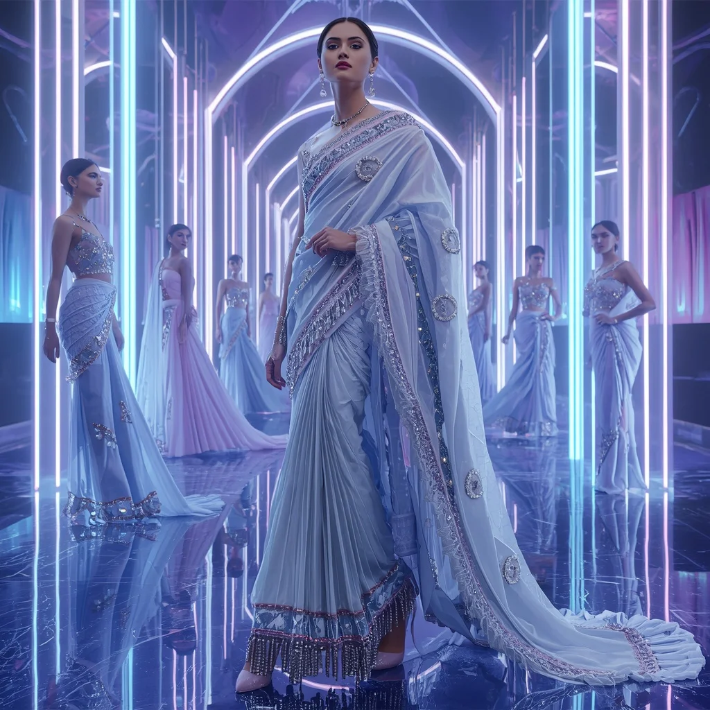 Celestial Ice Prism Saree with Neon Aurora Orbit Temple | Girl Photo Prompt Gemini