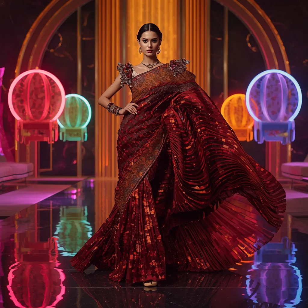 Celestial Inferno Mirage Saree with Floating Neon Orbit Thrones | Saree Ai Prompt