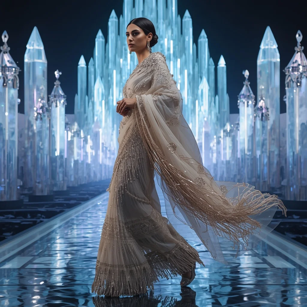Celestial Moonstone Mirage Saree with Infinity Neon Crystal Citadel | Aesthetic Ai Prompt