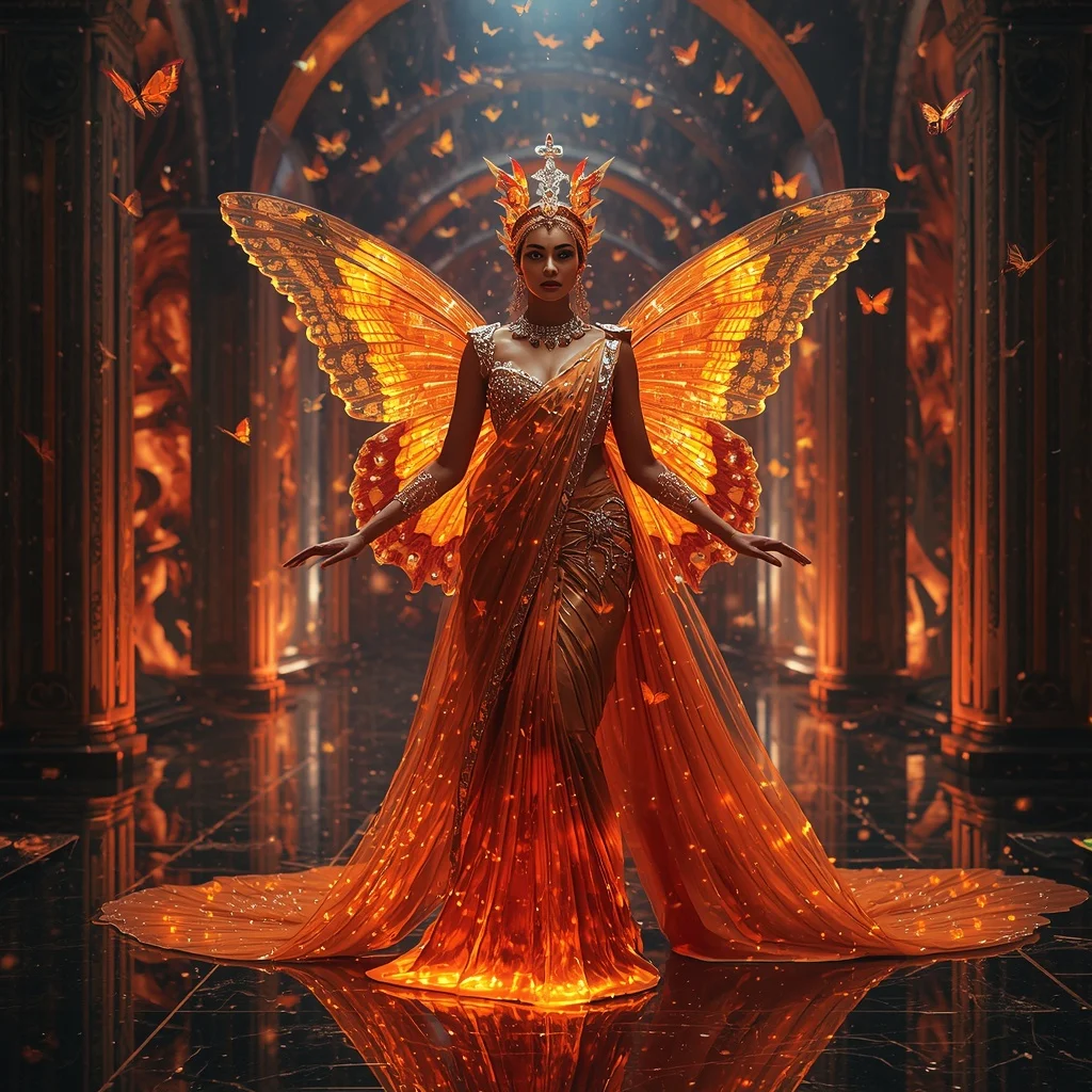 Celestial Phoenix Butterfly Saree  Ultra Luxury Flame Crystal Couture with Cosmic Empress Pose and Galactic Palace Background | Makeup Ai Prompt