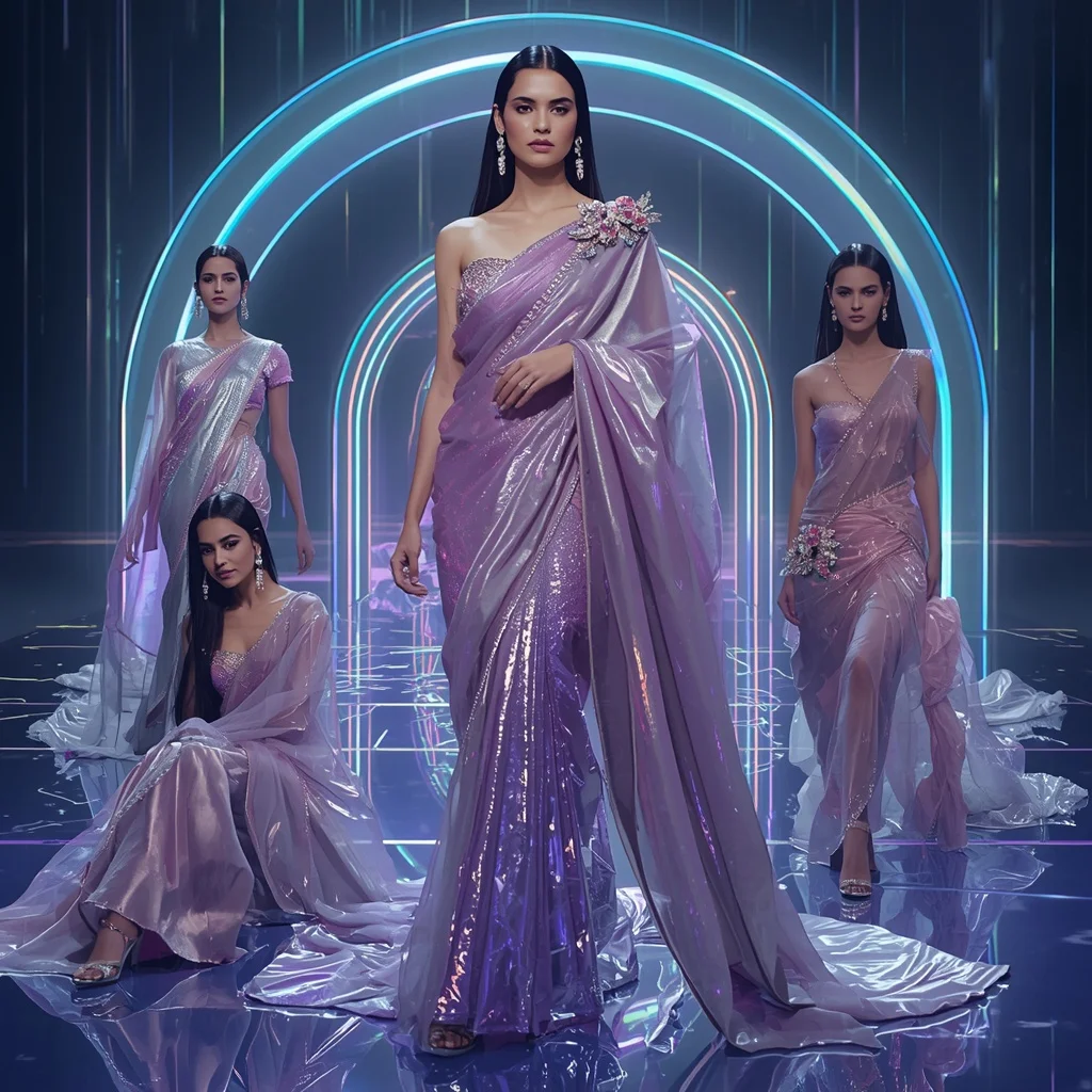 Celestial Prism Couture Saree with Floating Infinity Arches | Instagram Girl Gemini Prompt